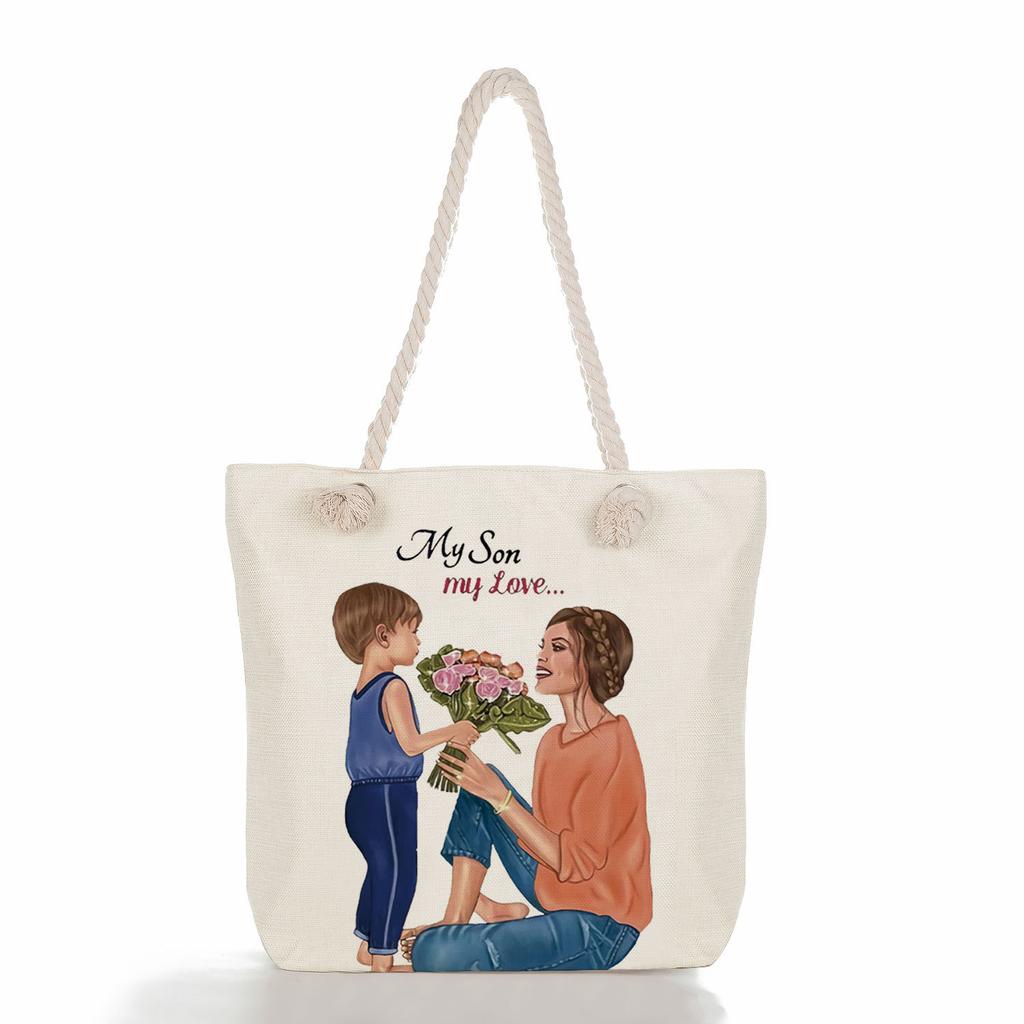 Multifunctional Mom Series Printed Thick Rope Shoulder Beach Bag Casual Large Capacity Handbag 7617