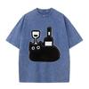 Vintage Acid Wash Oversized T Shirt for Women Men Funny Cartoon Black Cat Beverage Cup Print Short Sleeve Tee Y2K T-shirts