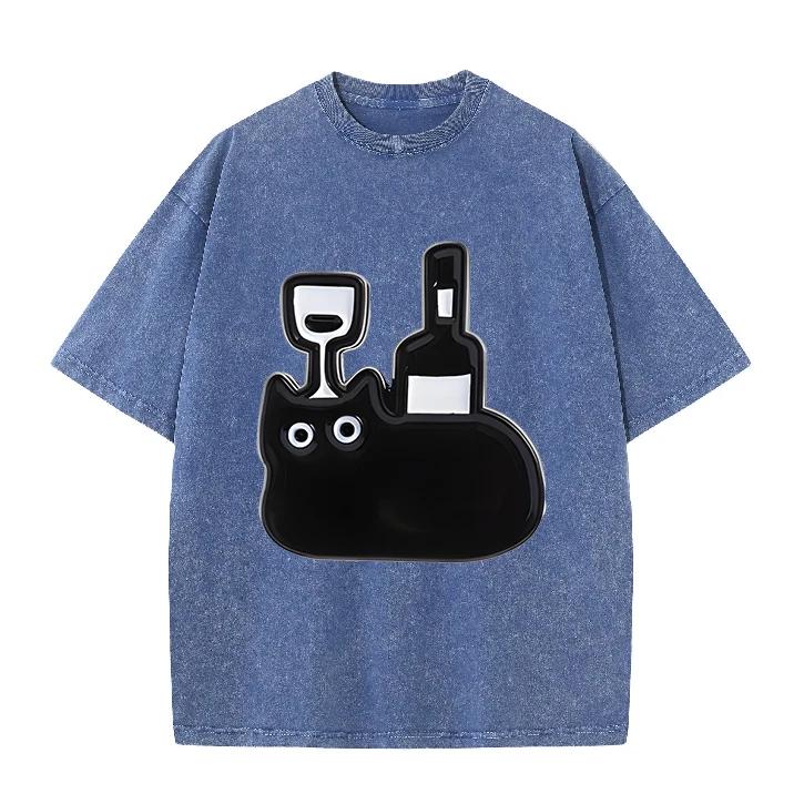 Vintage Acid Wash Oversized T Shirt for Women Men Funny Cartoon Black Cat Beverage Cup Print Short Sleeve Tee Y2K T-shirts