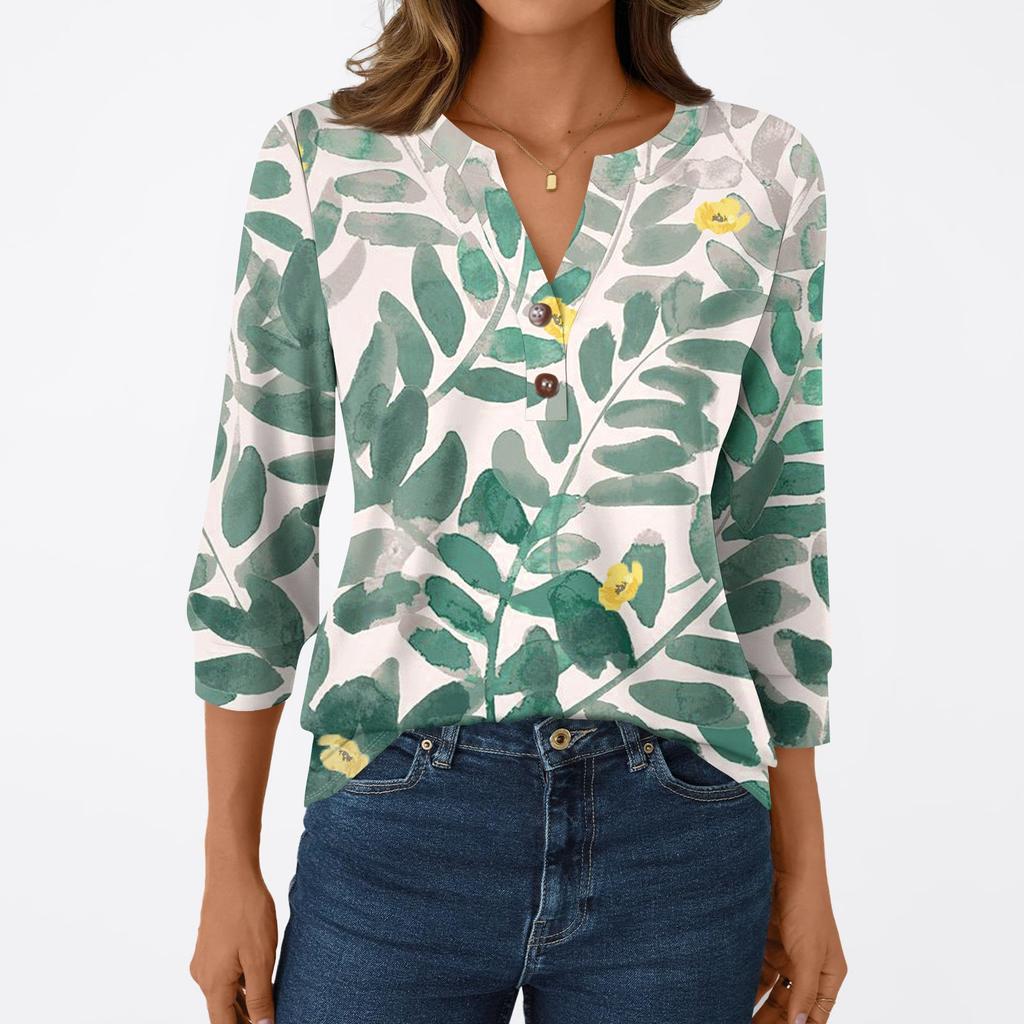 Damska Moda Casual Koszulka z Rękawem 3/4 Nadruki Dekolt w Serek Guziki