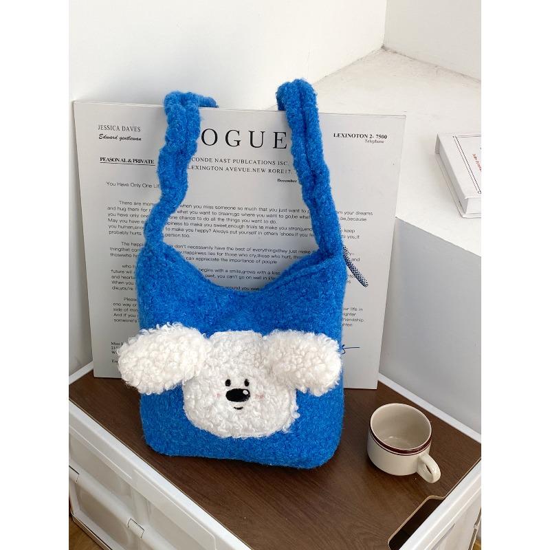 Cute plush puppy crossbody bucket bag autumn and winter girl's heart sweet lamb wool shoulder bag niche design female