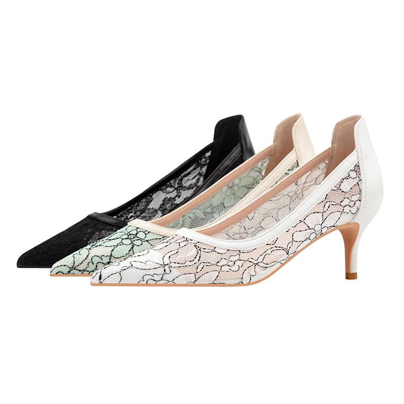 Escarpins à talons hauts fins pour femmes chaussures à talons hauts fins pointus dentelle ajourée chaussures simples