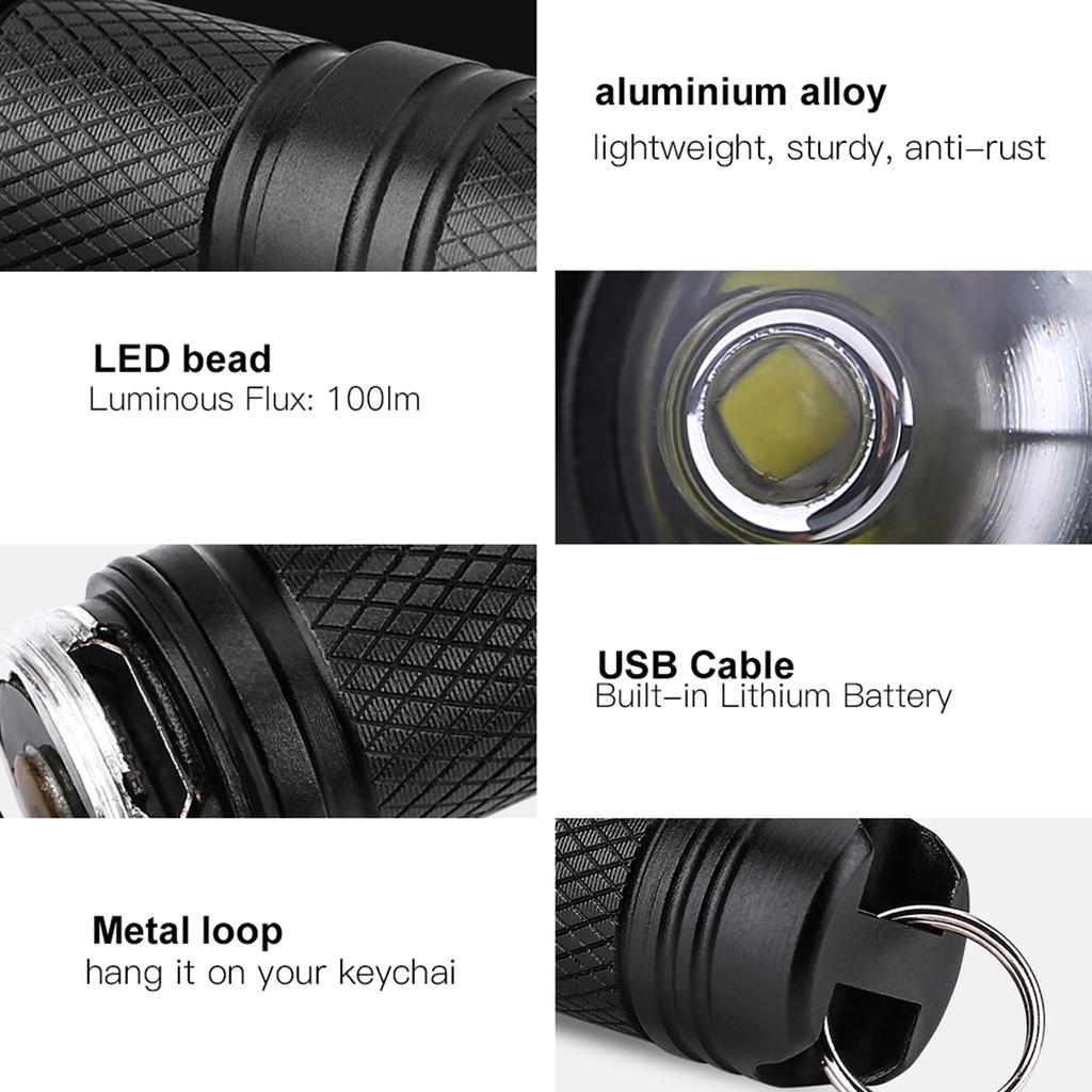 Mini Portable USB Rechargeable LED Flashlight Lamp Keychain Pocket Torch Light (Black)