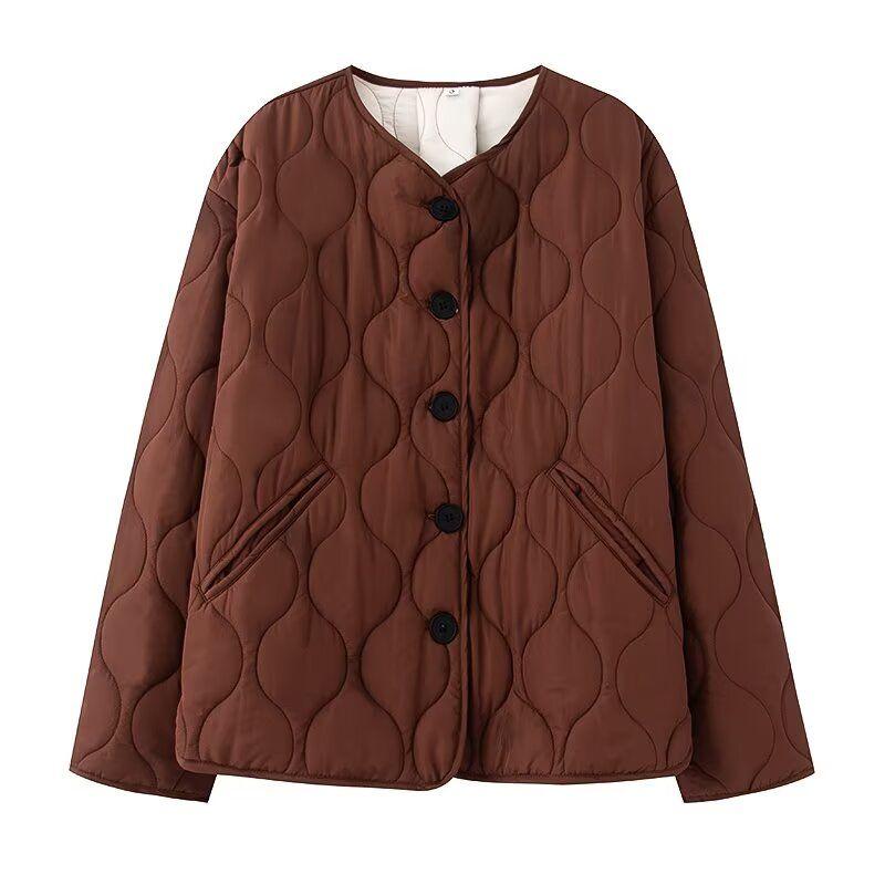 

Kaslead New Arrival Women s Clothing Fashion Style Stylish Simple and Versatile round Neck Long Sleeves Cotton Coat Jacket Light brown L