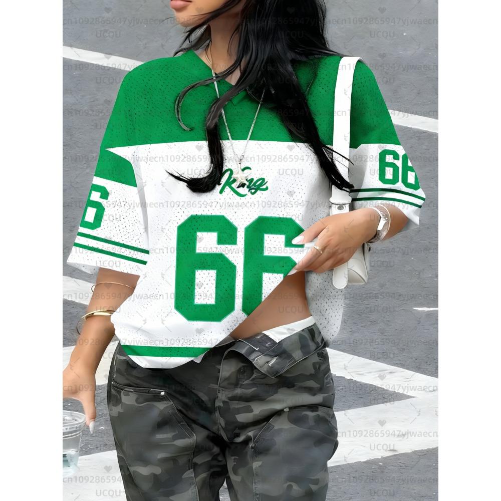 Women's King No.66 Print V-Neck Short Sleeve T-Shirt Summer Graphic Tee Hole Mesh Jerseys Plus Size Sport T-Shirt