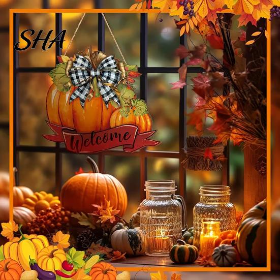 Bright Color Pumpkin Pendant Fall Welcome Sign, Thanksgiving Door Hanger, Wooden Decor Weather-resistant Sign Hanging Porch for Autumn Harvest