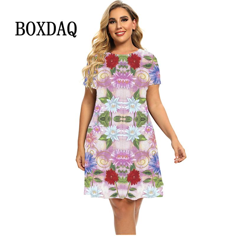 Butterfly Flower Print Summer Dress Women Oversized Short Sleeve Dress Casual Pullover O-Neck Loose Party Dress Ladies Vestidos