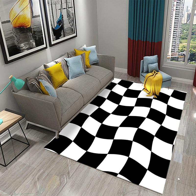Modern Wave Checkerboard Rugs Black White Red Colors Distorted Pattern for Contemporary Living Room Decor
