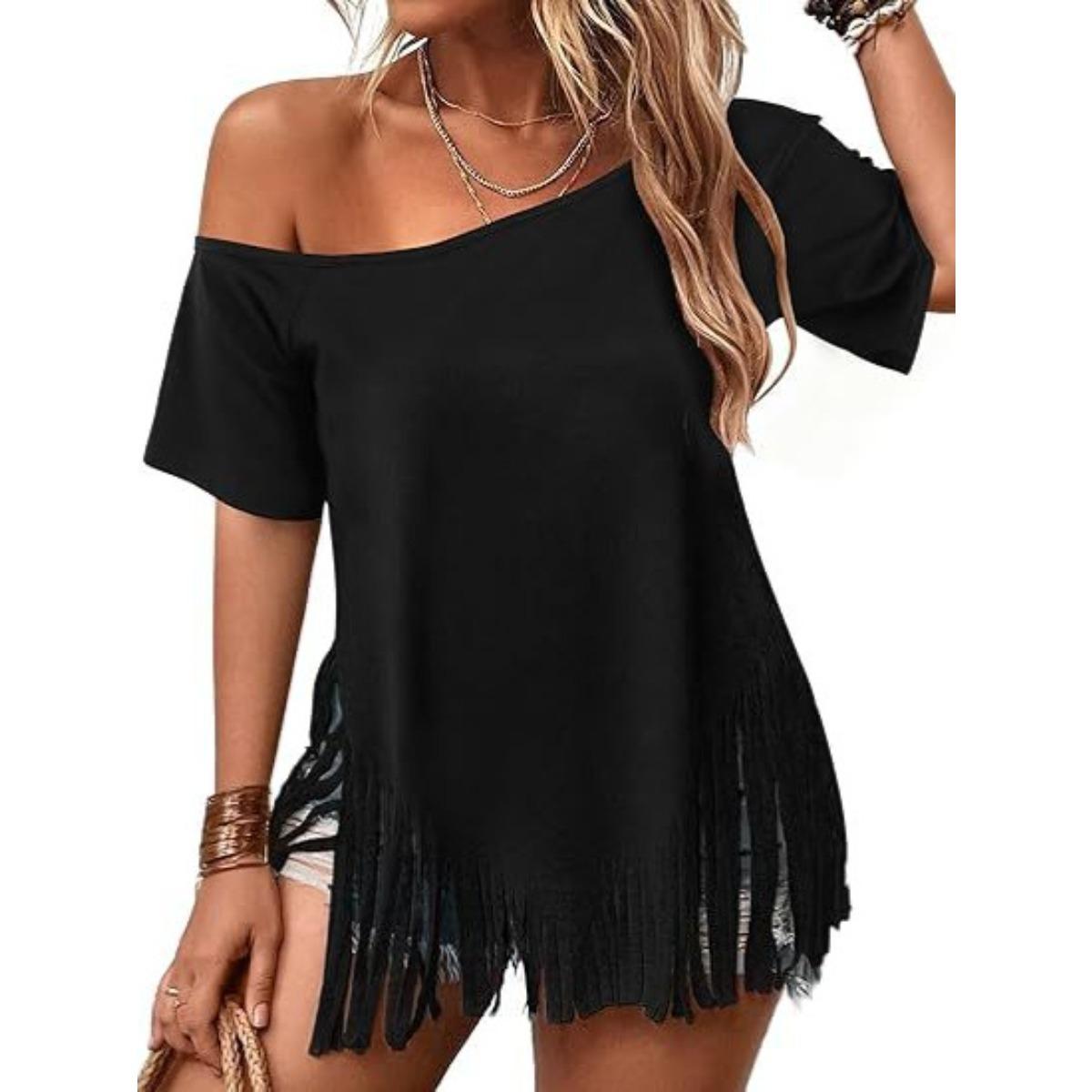 Women s Off Shoulder Short Sleeve T-Shirt Fringe Hem Casual Summer Loose Fit Top S чёрный