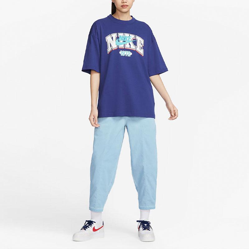 Nike Sportswear Letter Logo Print Loose Short Sleeve Drop Shoulder T-Shirt Women Tops Fitness-Blue FQ7011-431