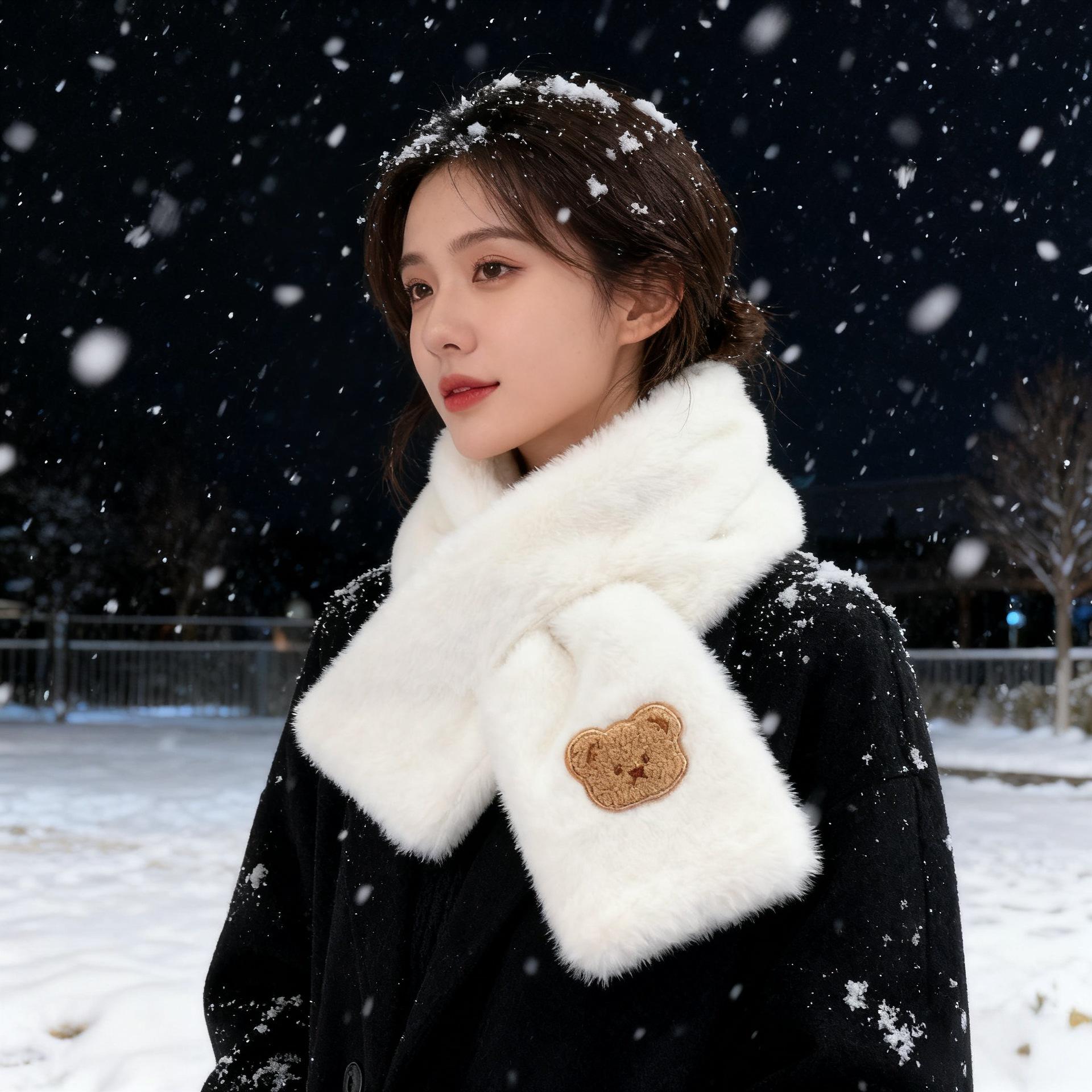 

Women s Cute Korean Bear Plush Scarf - Thick, Warm & Versatile for Autumn/Winter