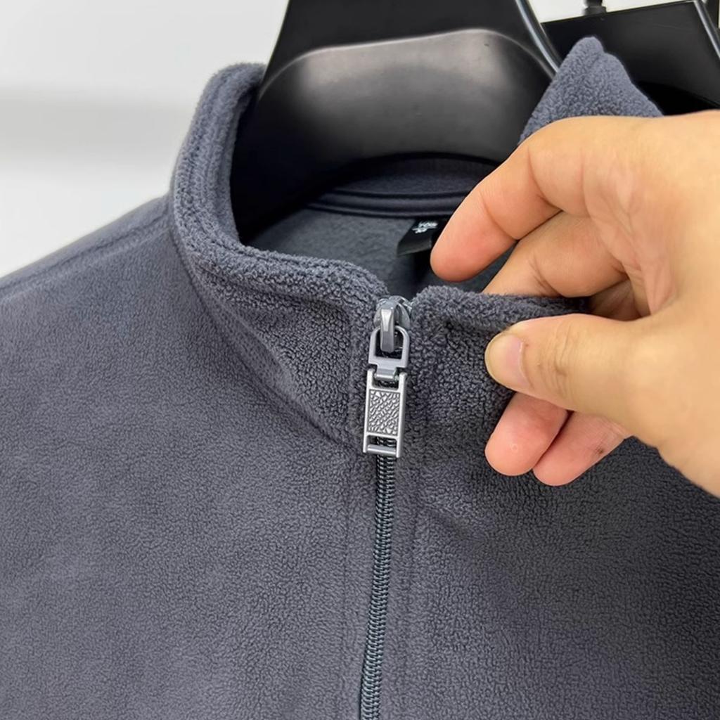 Jachetă cardigan cu fermoar pentru bărbați, casual, de culoare uni, cu guler înalt, Jachetă groasă și călduroasă din lână fleece cu mâneci lungi pentru bărbați