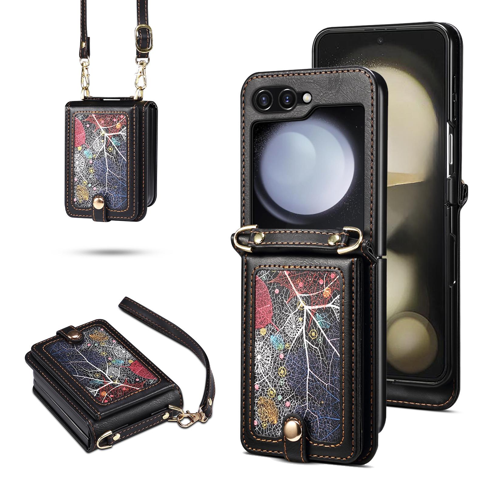 

Чехол для Samsung Galaxy Z Flip7 FE 5G/Z Flip6 5G Кожа+ПК Чехол для телефона с держателем для карт Длинный ремешок Black