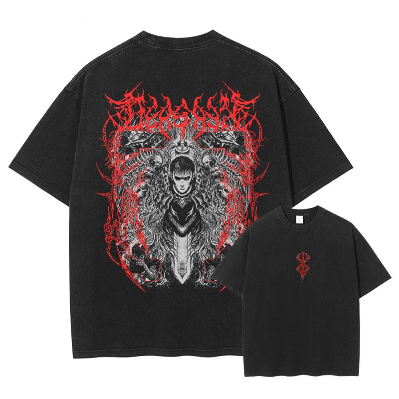 Japan Anime Berserk Graphic Washed TShirt Men Manga Cotton Tshirts Casual Vintage Gothic T Shirt Harajuku Male Street T-shirt