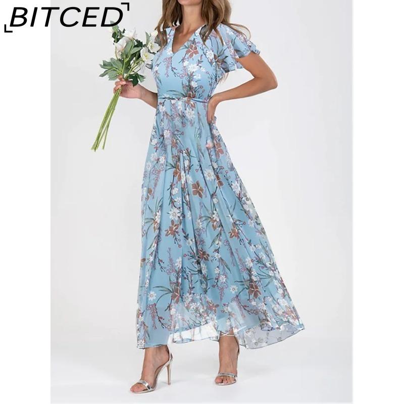 BITCED 6 Color V-neck Ruffle Maxi Dress Short Sleeves Fitted Waist High Waist Flowy Hem Cute Floral Chiffon Dress Women Clothing