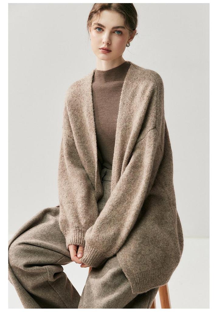 Women's Alpaca Cashmere Blend Collarless Cardigan - Thickened Long Sleeve Sweater for Fall/Winter