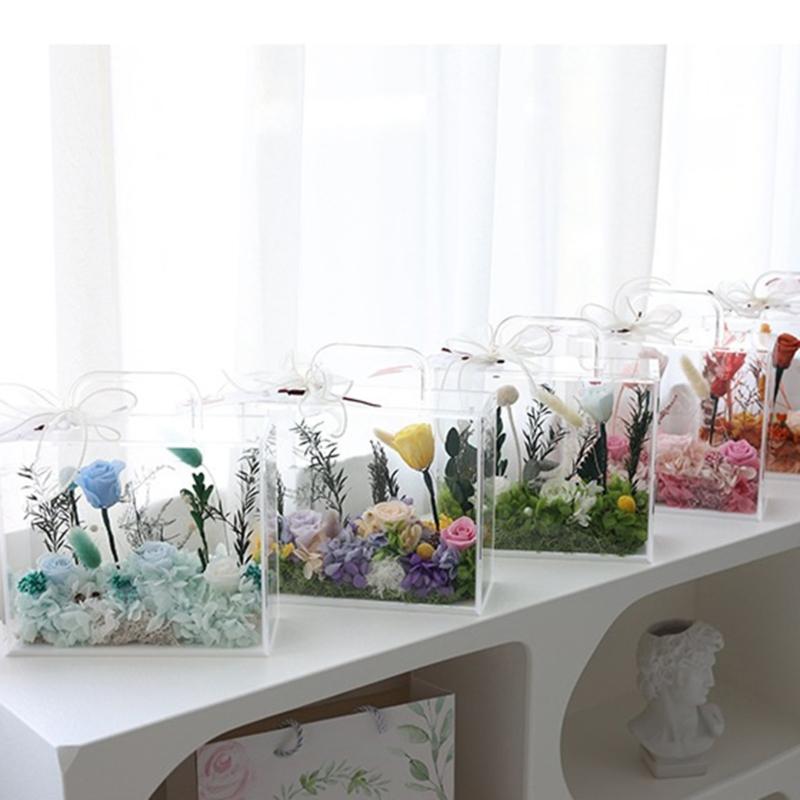 Acrylic Handheld Flowers Box Gift Wrapping Bag with Handle Reusable Bag for Bridesmaids Wedding Birthday