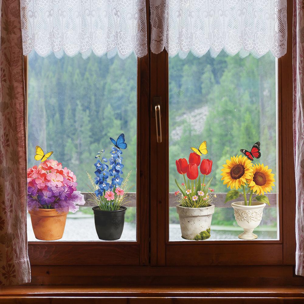 Creative Painted Potted Flower and Butterfly Home Balcony Glass Stickers