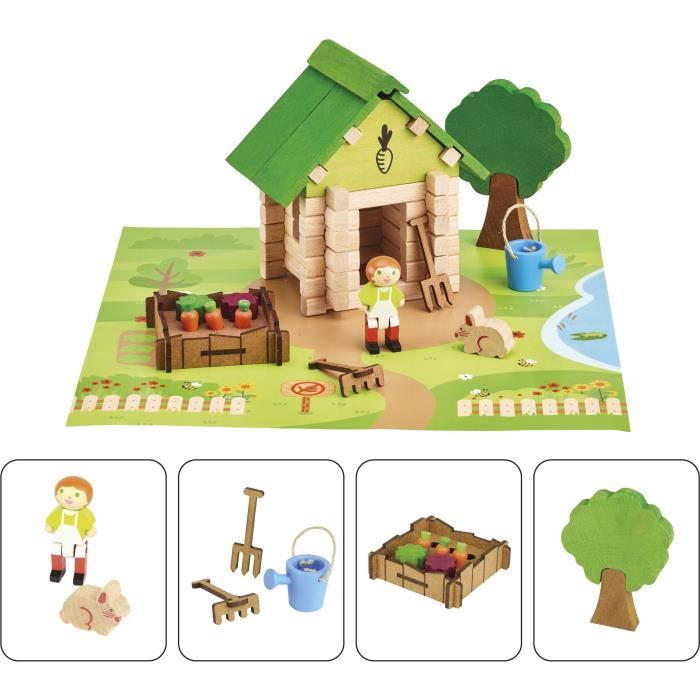 La Cabane du Jardinier 60 Pièces - JEUJURA - Jeu de Construction en Bois Naturel, Tapis et Accessoires Inclus, 22x18,5x8,5 cm