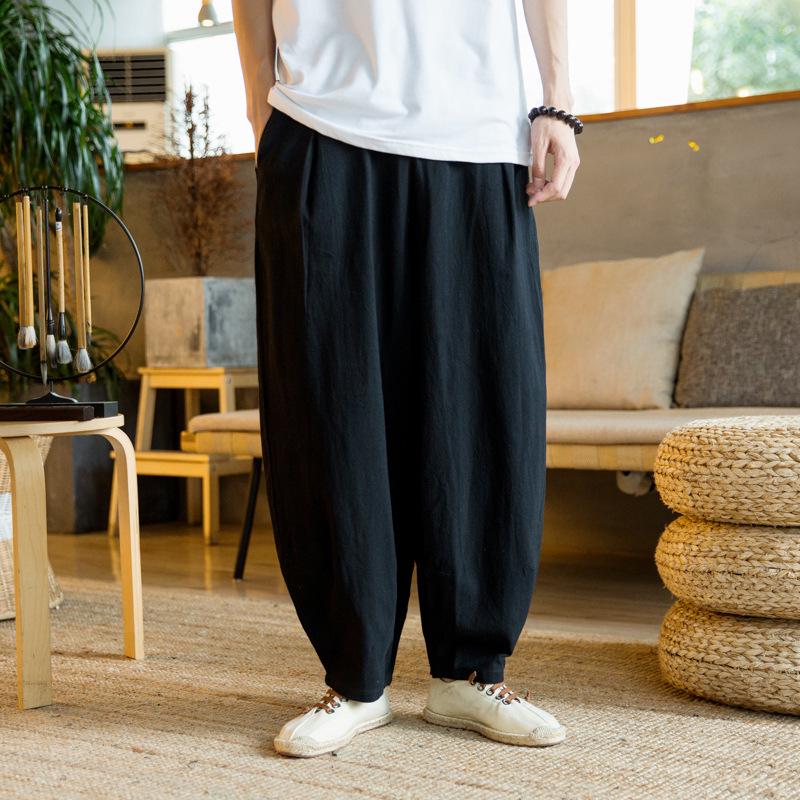 

2022 Men s Summer Cotton-Linen Wide-Leg Bloomers: Loose, Solid Color Casual Pants 4XL чёрный