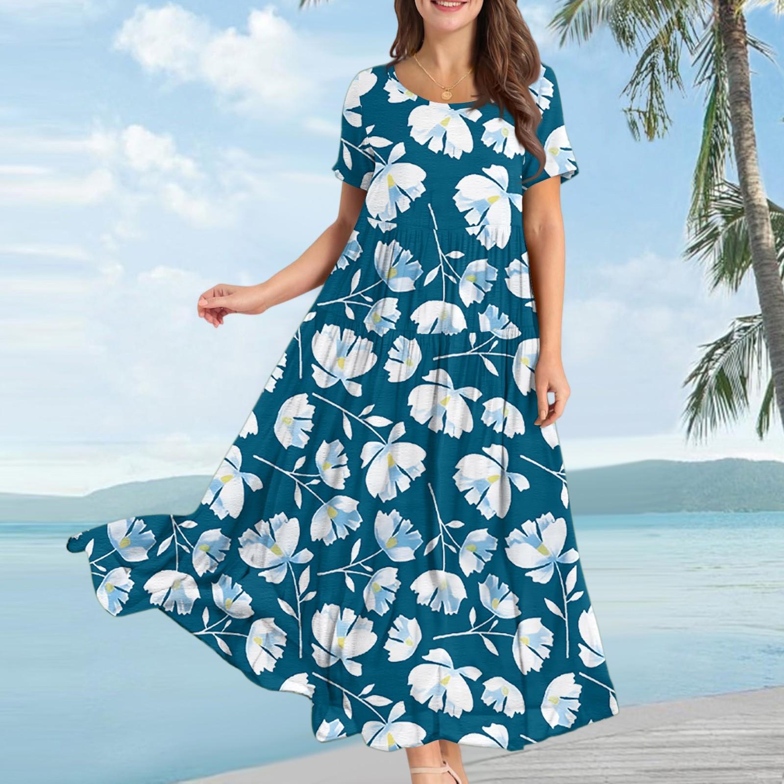 

Женское повседневное свободное богемное платье с цветочным принтом, длинное макси-платье с коротким рукавом, летнее пляжное платье-качели XXL небесно-голубой