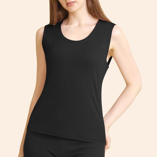 Women Thermal Vest Round Neck Sleeveless Thick Fleece Lining Bottom Vest Solid Color High-Elastic