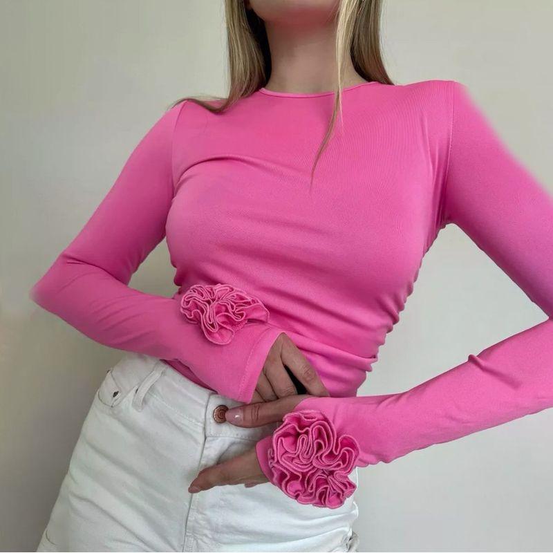 

Flower Three-Dimensional Design Sense Top Slim fit Long sleeves Shirt Women clothes Women Long Sleeve T-shirt Dark pink L