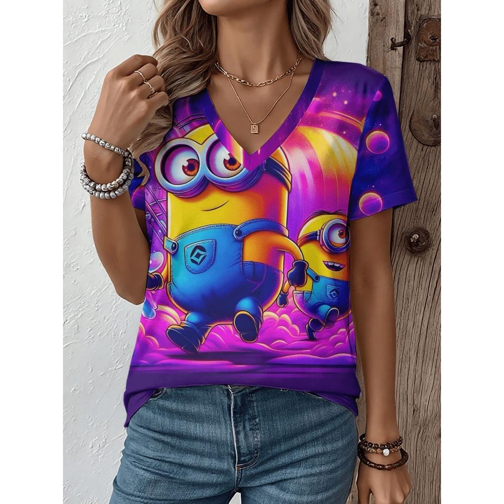 Multi pattern V-neck short sleeved T-shirt, fashionable women's T-shirt, printed basic top, street wear, summer oversized clothing, women's T-shirt