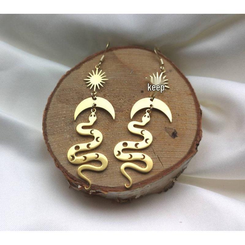 Celestial Sun Moon Brass Earrings with Snake Charm
