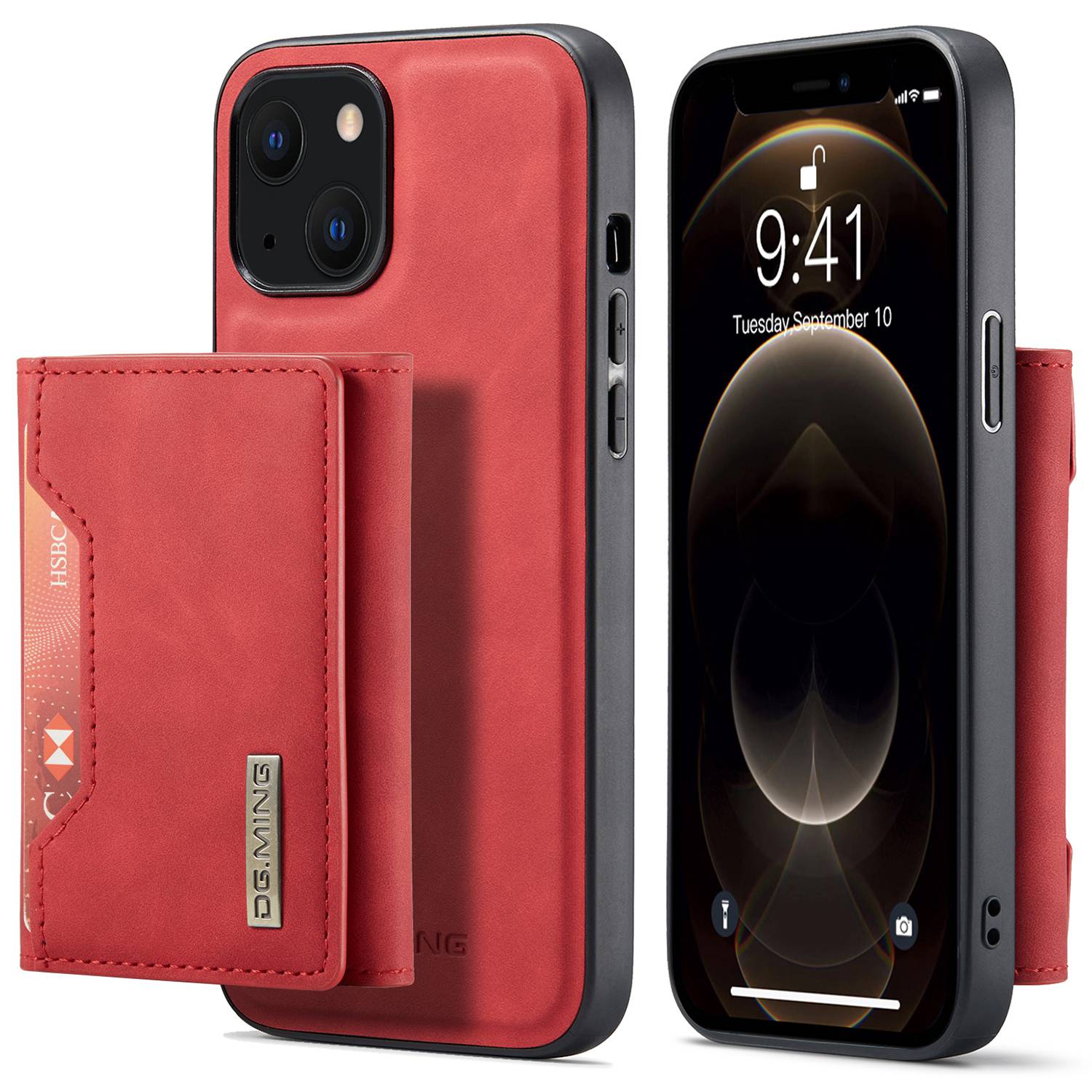 

DG.MING M2 Series for iPhone 15 Magnetic Wallet Phone Case PU+PC+TPU Kickstand Phone Cover Red