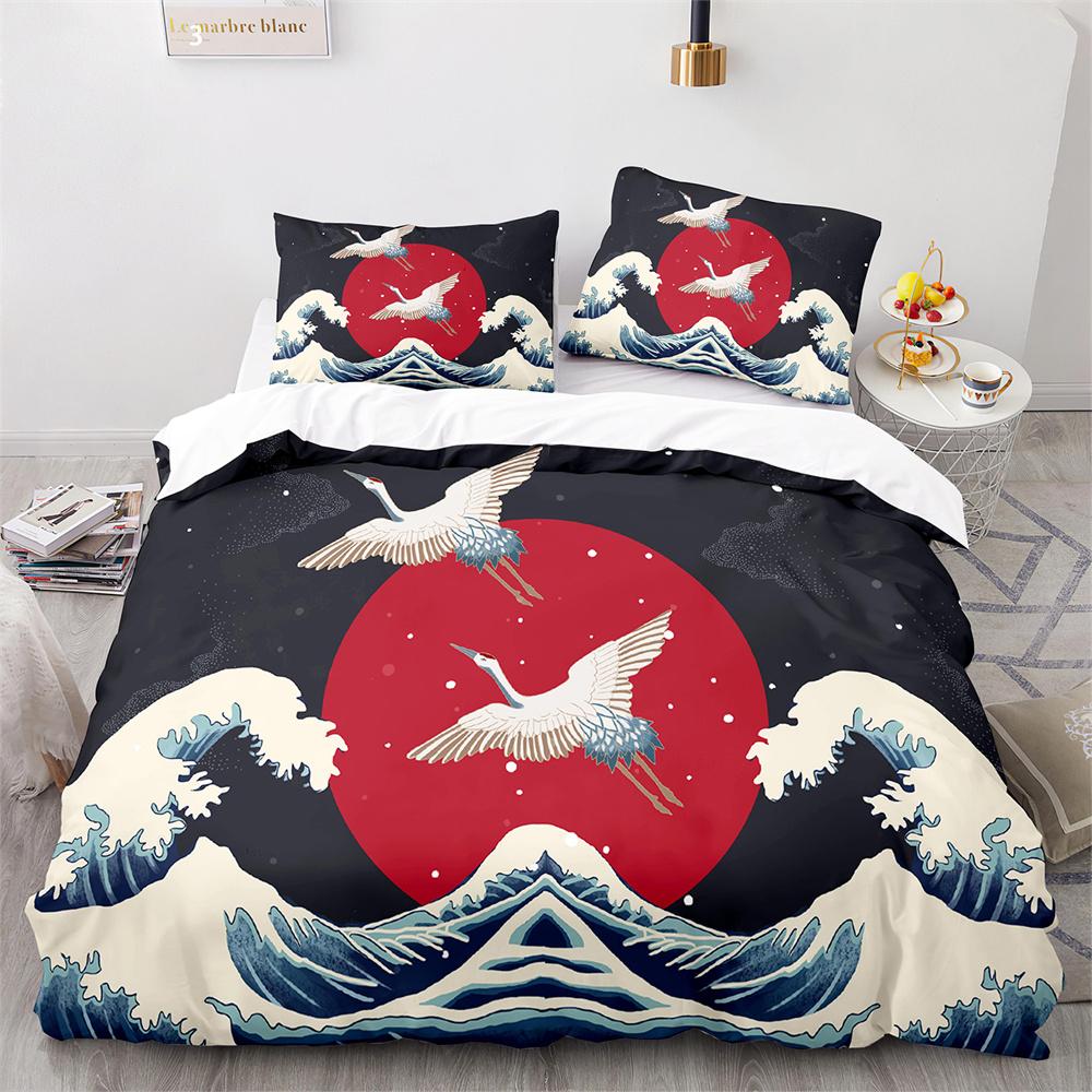 Japanese-Style Bedding Set Ukiyo-e Theme Comforter Cover Sea Wave Red Sun Pattern Decor Duvet Cover For Kids Teen King Full Size
