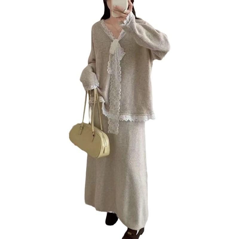 V-neck Lace Splicing Sweater Two-piece Set Autumn and Winter Loose Skirt + Bow Tie-up Pullover Knitted Sweater Set