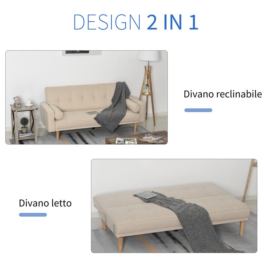 3-Seater Sofa Bed with Backrest Adjustable To 3 Levels, 2 Cushions and Removable Armrests, Beige, 185x84x85cm
