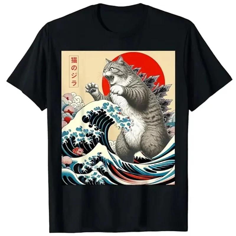 Funny Cartoon Comic Style Japanese Art Catzilla Cat Gifts for Women TShirt Unisex Cotton Oneck Tee Top Fashion Fitness T Shirt