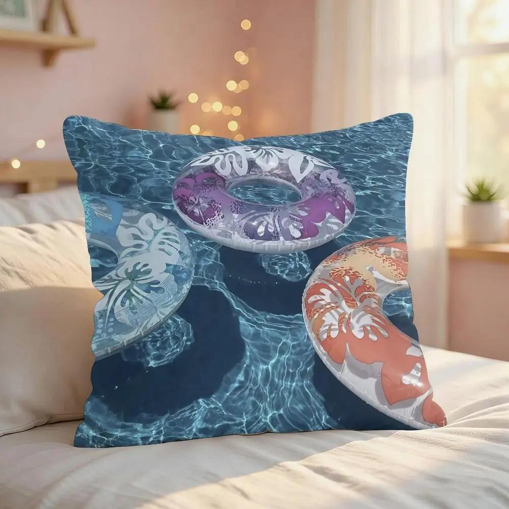 Summer Pool Oil Art Ins Cushion Cover Silky Short Plush Invisible Zipper Dustproof Sofa Pillow Case For Home Decor