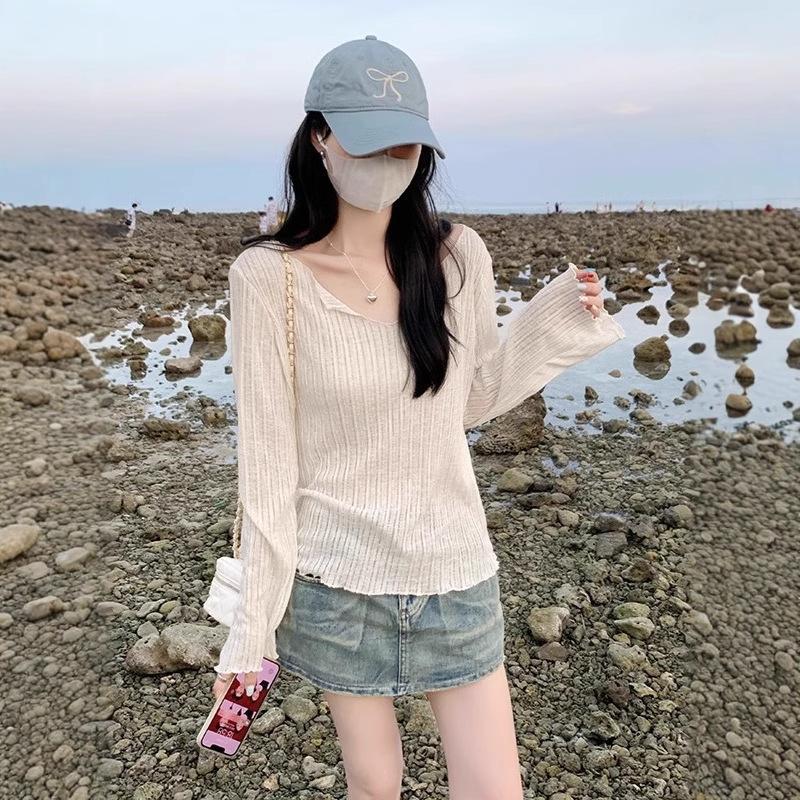 Jane Manni Summer Sunscreen Blouse Women's Loose Sweet Fungus Edge Thin Long-sleeved Lazy T-shirt Hollow Top