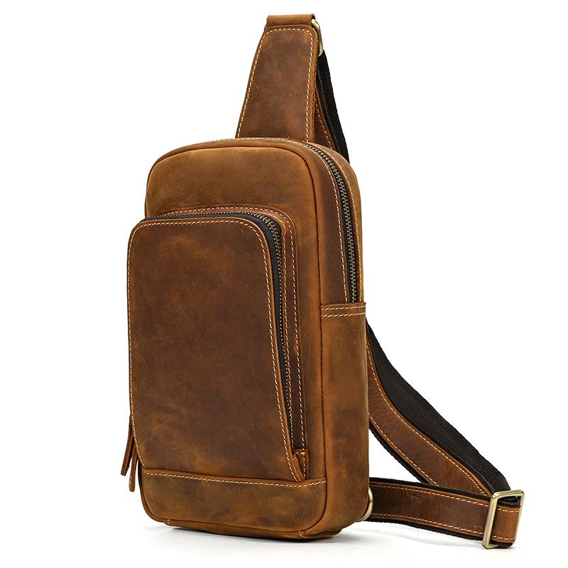 Mans 100% Genuine Leather Sling Bag Men Messenger Bags for Men Black Chest Bags for Phone Casual Sport Shoulder Bag