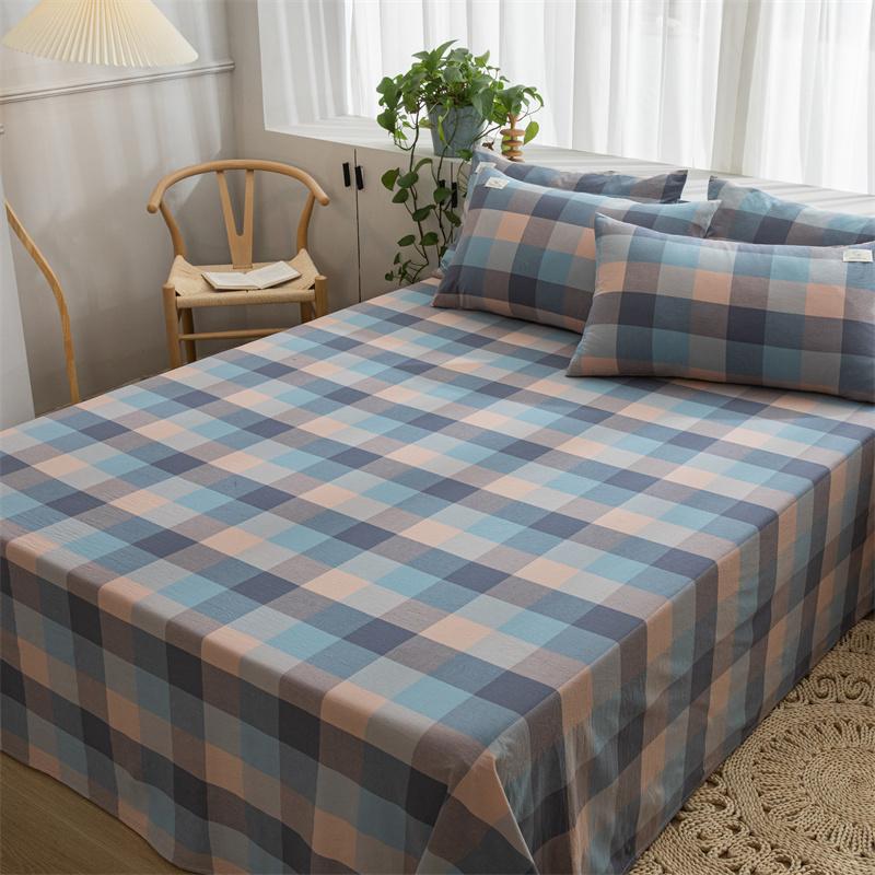 3Pcs 100% Cotton Simple Plaid Pattern Bed Sheet Set Skin-friendly Comfortable Geometric Printed Flat Sheet with Pillowcases