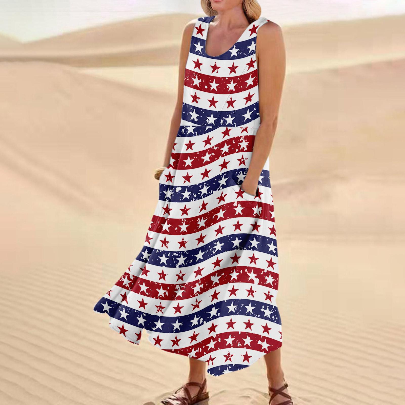 

Women s Fashion Casual Independence Day Print Sleeveless Cotton Linen Pocket Dress S винный