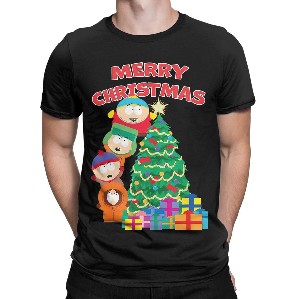Tricouri de Crăciun South-Park pentru bărbați Bumbac pur Tricou amuzant Gât rotund Tricou Kenny Cartman Mânecă scurtă Haine Grafic