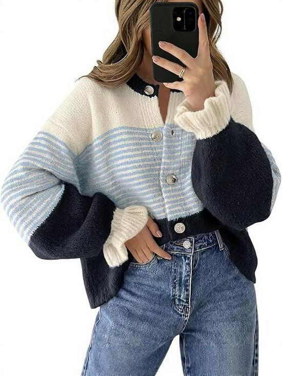 2026 European and American Color Block Striped Knit Cardigan for Women - Loose, Lazy Style Sweater Coat for Autumn/Winter