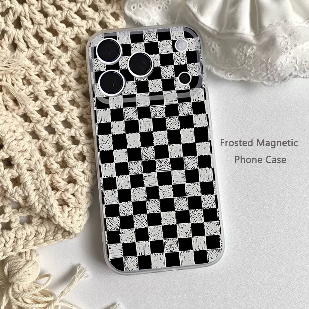 Black White Checkered Phone Case For iPhone 17,16,15,14,13,12,11 Pro,Max,Plus,Mini,Air,E Magnetic Frosted Clear