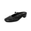 2025 Summer New Versatile Temperament Square Head Folds One Pedal Rhinestone Buckle Belt Muller Leather Half Slippers