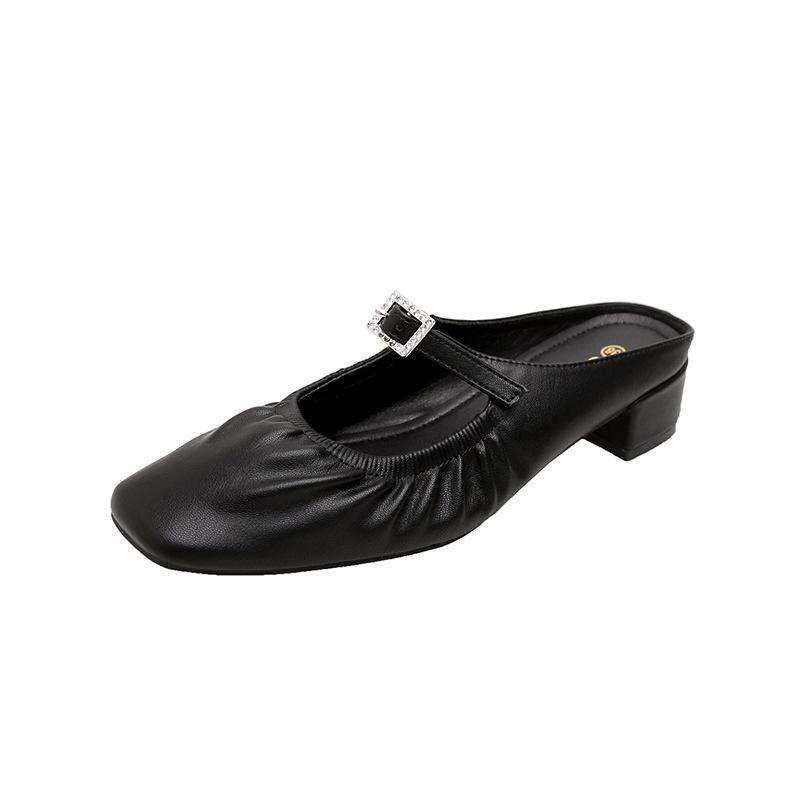 2025 summer new versatile temperament square head folds one pedal rhinestone buckle belt Muller leather half slippers