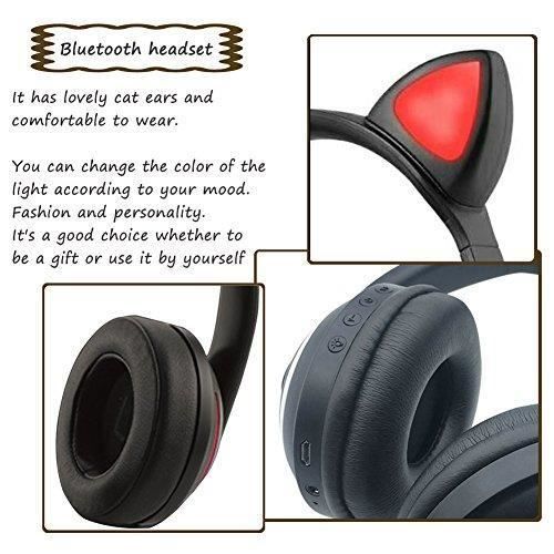 Casque stereo sans fil bluetooth avec oreilles de chat 7 couleurs de lumi ere led clignotantes compatible avec smartphones et t