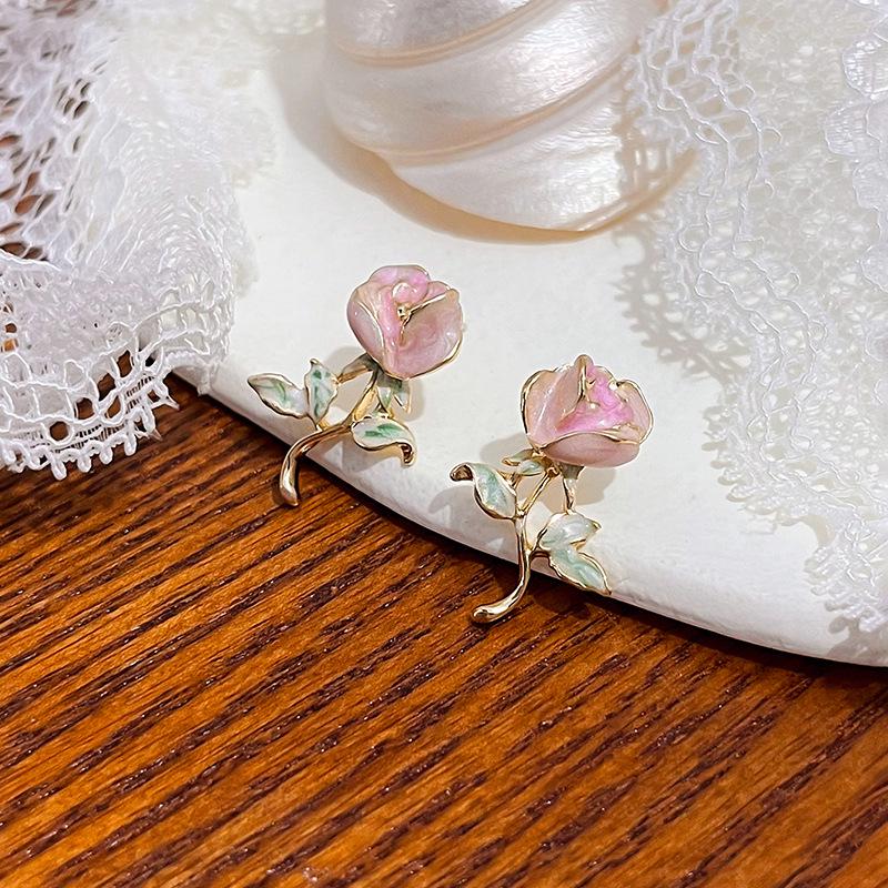 925 Silver Needle Pink Rose Stud Earrings, Mori Style Floral Design for Women