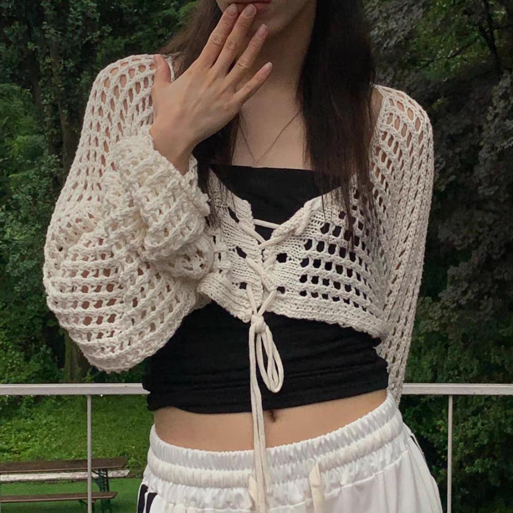 

Round Neck Hollow Out Knit T-shirt Drawstring Beach Crochet Sweater French Style Holiday чёрный