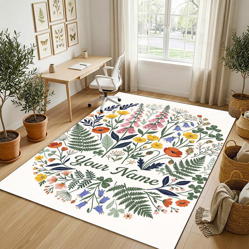 Floral Artwork Theme Soft Crystal Velvet Rug Custom Name & Text Print Non Slip Floor Rug for Bedroom Living Room