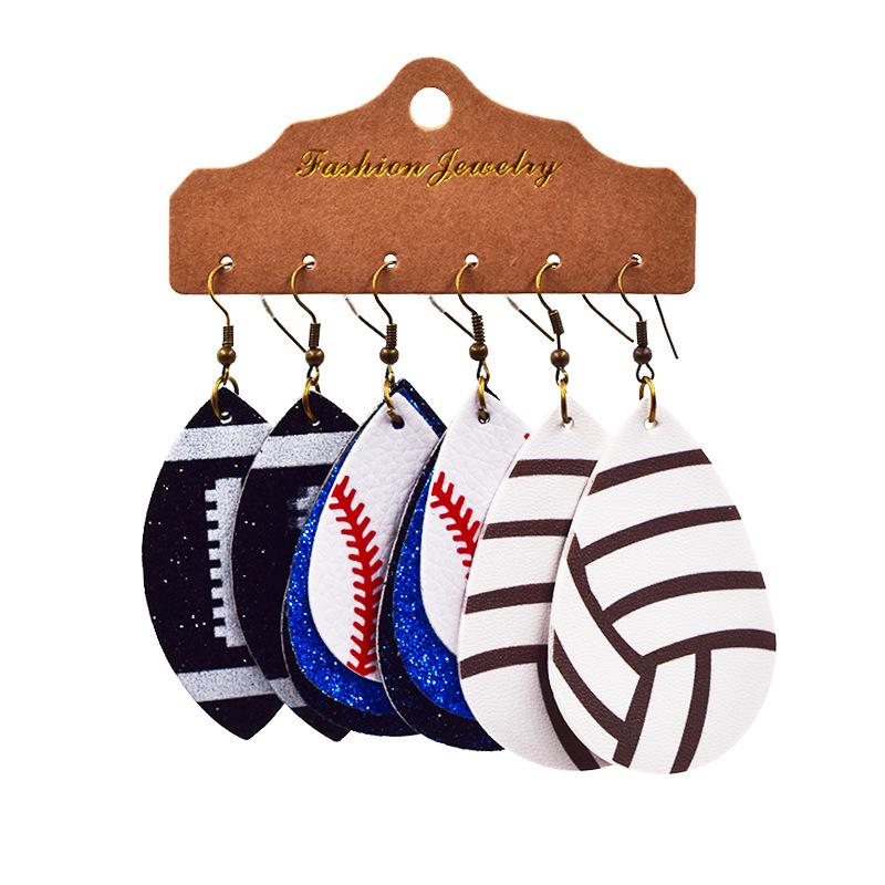 World Cup sports ball drop-shaped leather earrings, basketball, football, rugby, baseball earrings, multi-layered earrings, three pairs in one pack