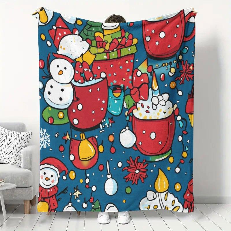 1pc Christmas-Themed Flannel Blanket, Cute Snowman Hot Drink Holiday Print, Autumn Winter Warm Blanket, Sofa Office Nap Blanket, Home Bedroom Throw Bl